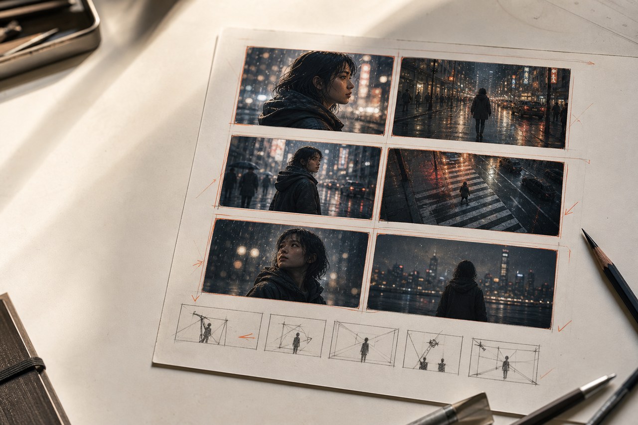 A cinematic storyboard contact sheet arranged on a creative desk