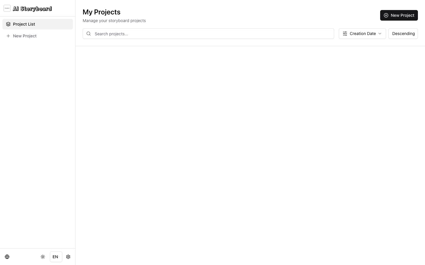 AI Storyboard project list with search, sorting, and a new project action