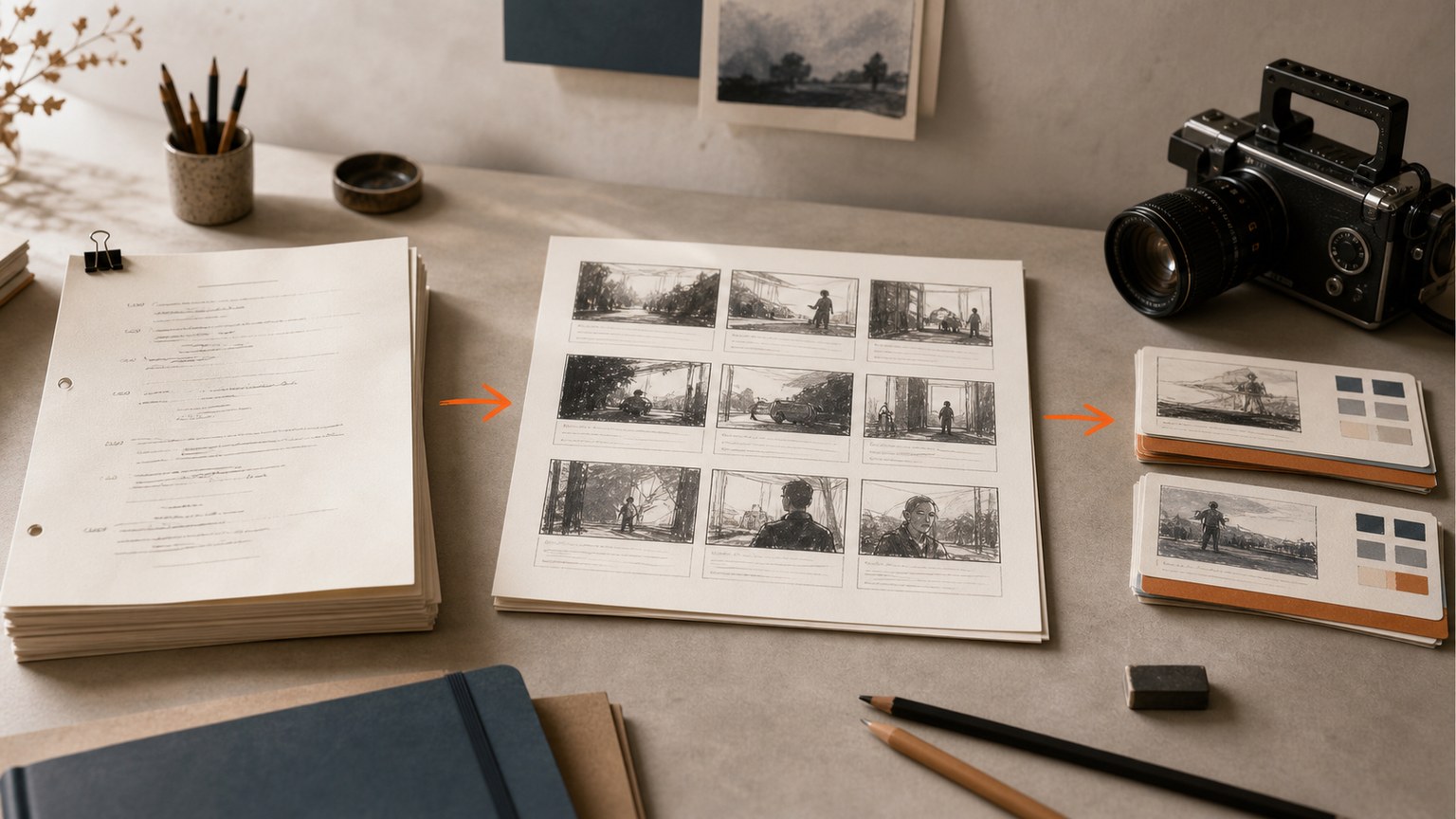 Script page, storyboard contact sheet, and film planning cards arranged from left to right